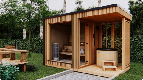 Sauna ogrodowa z panoramicznym oknem Piec 9kW z modułem WIFI Balia